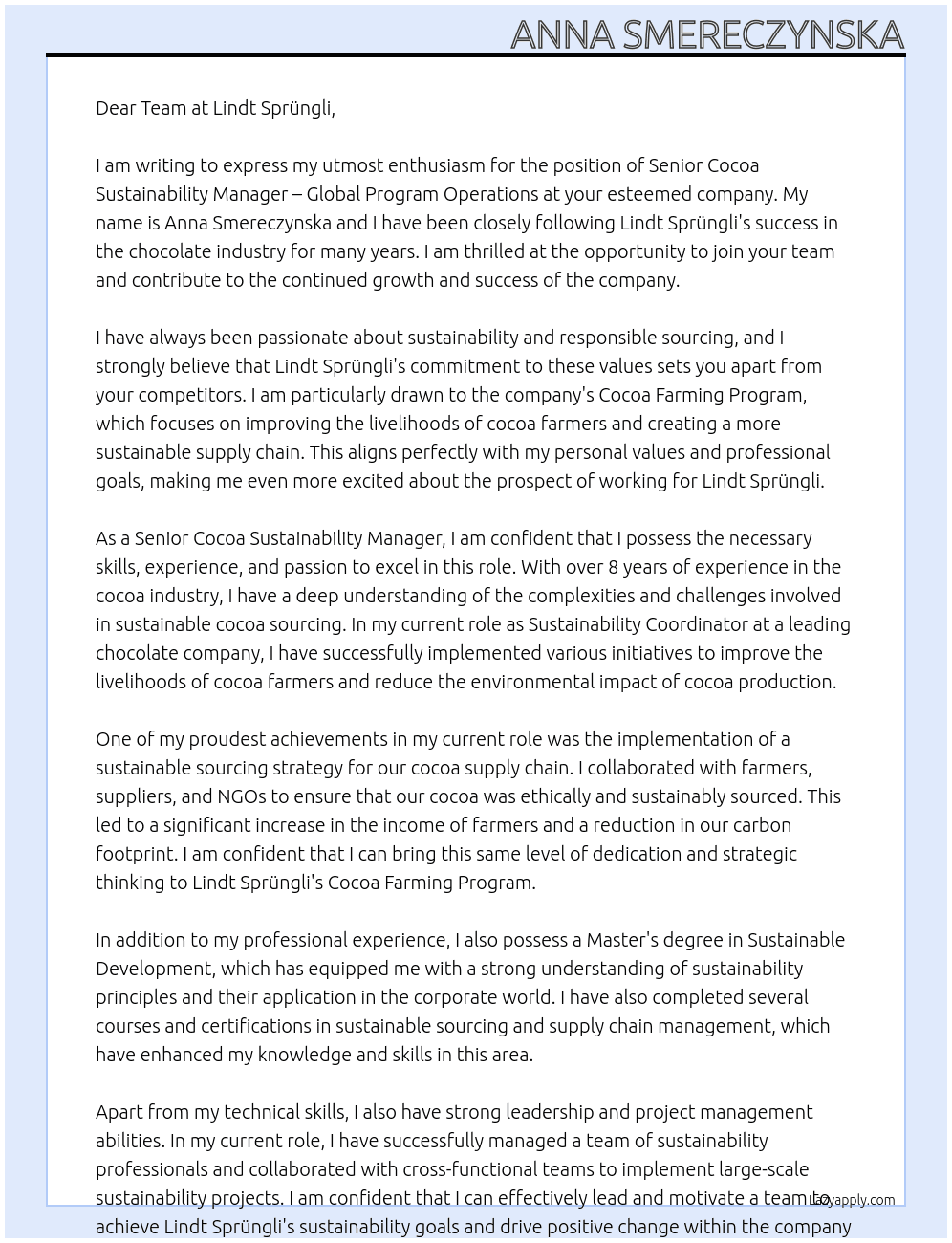 Senior Cocoa Sustainability Manager – Global Program Operations  At Lindt Sprüngli Cover Letter