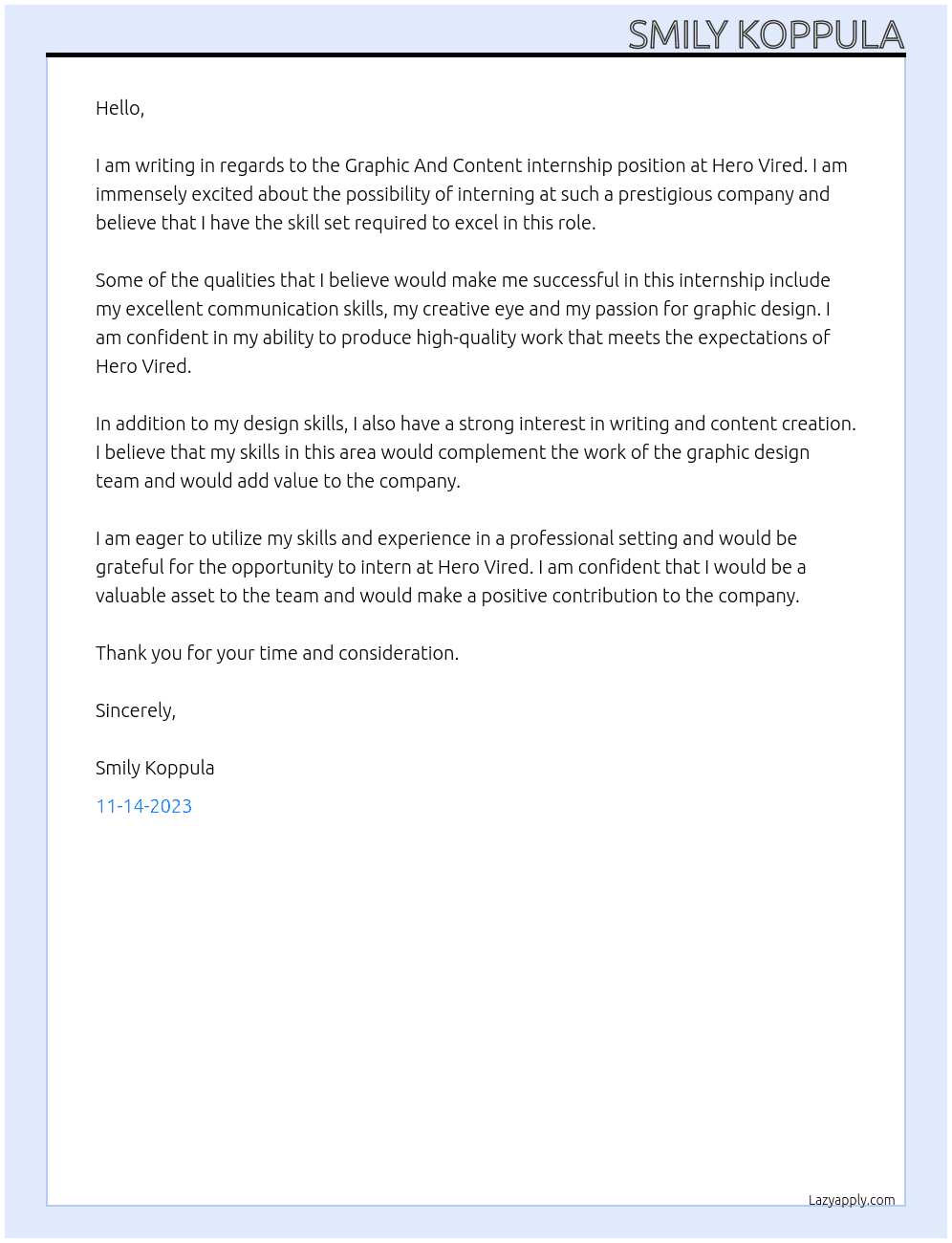Applying for Graphic And Content internship At Hero Vired Cover Letter