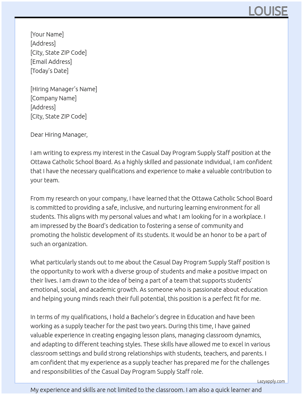 Casual Day Program Supply Staff At Ottawa Catholic School Board Cover Letter