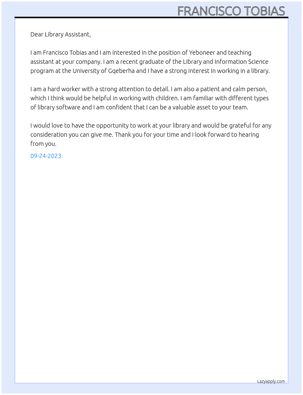 Yeboneer and teaching assistant  At Library Assistant  Cover Letter
