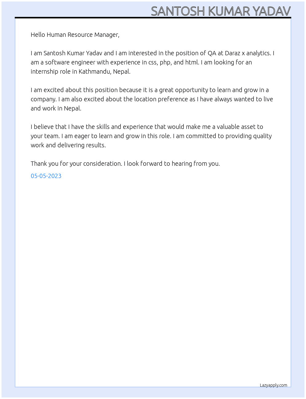 QA At Daraz x analytics Cover Letter