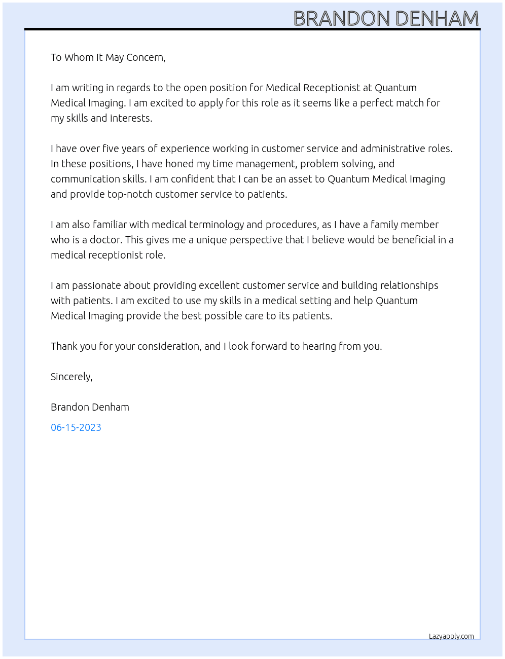 Medical Receptionist At Quantum Medical Imaging Cover Letter