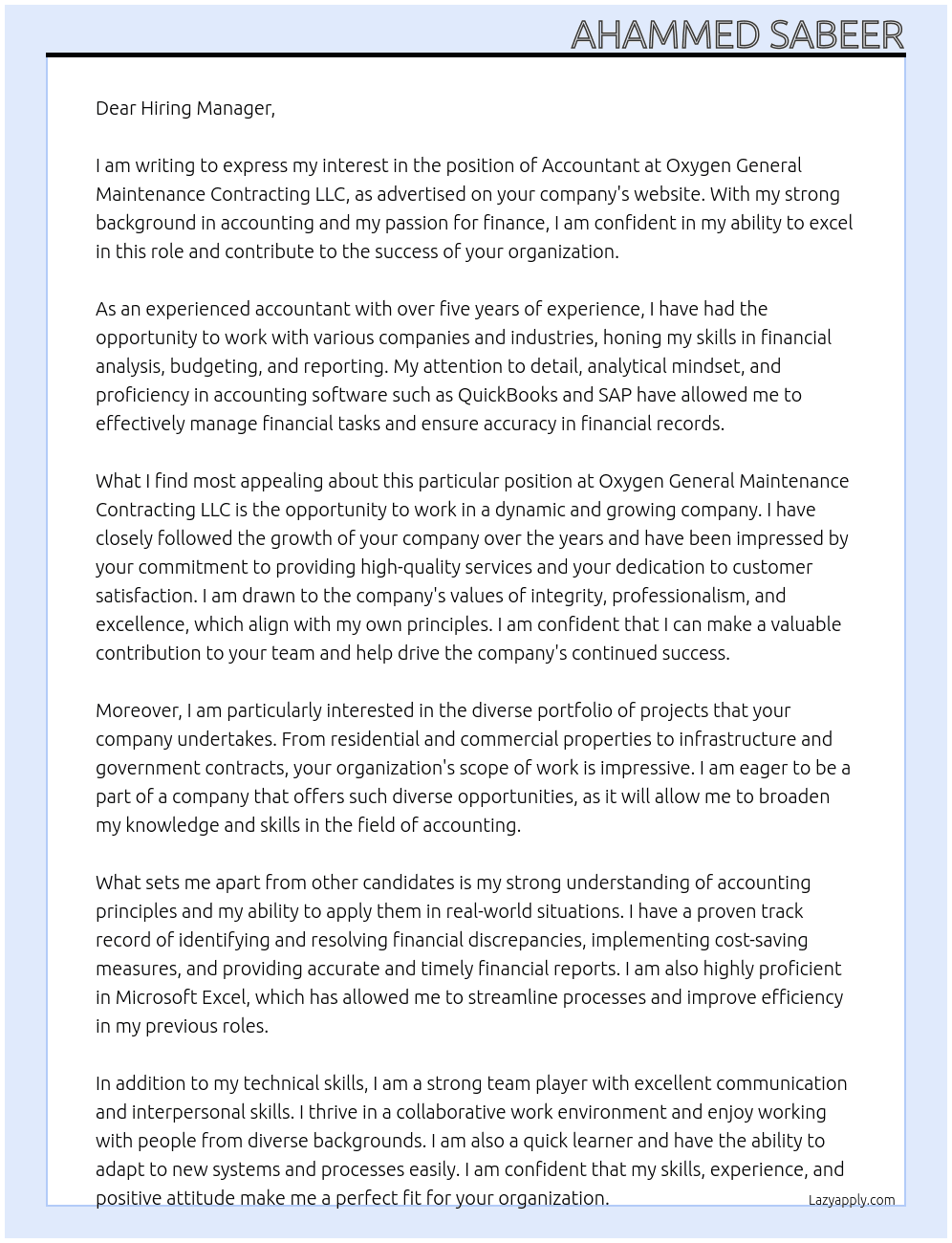 Accountant  At oxygen genral maintenance contatracting LLC Cover Letter