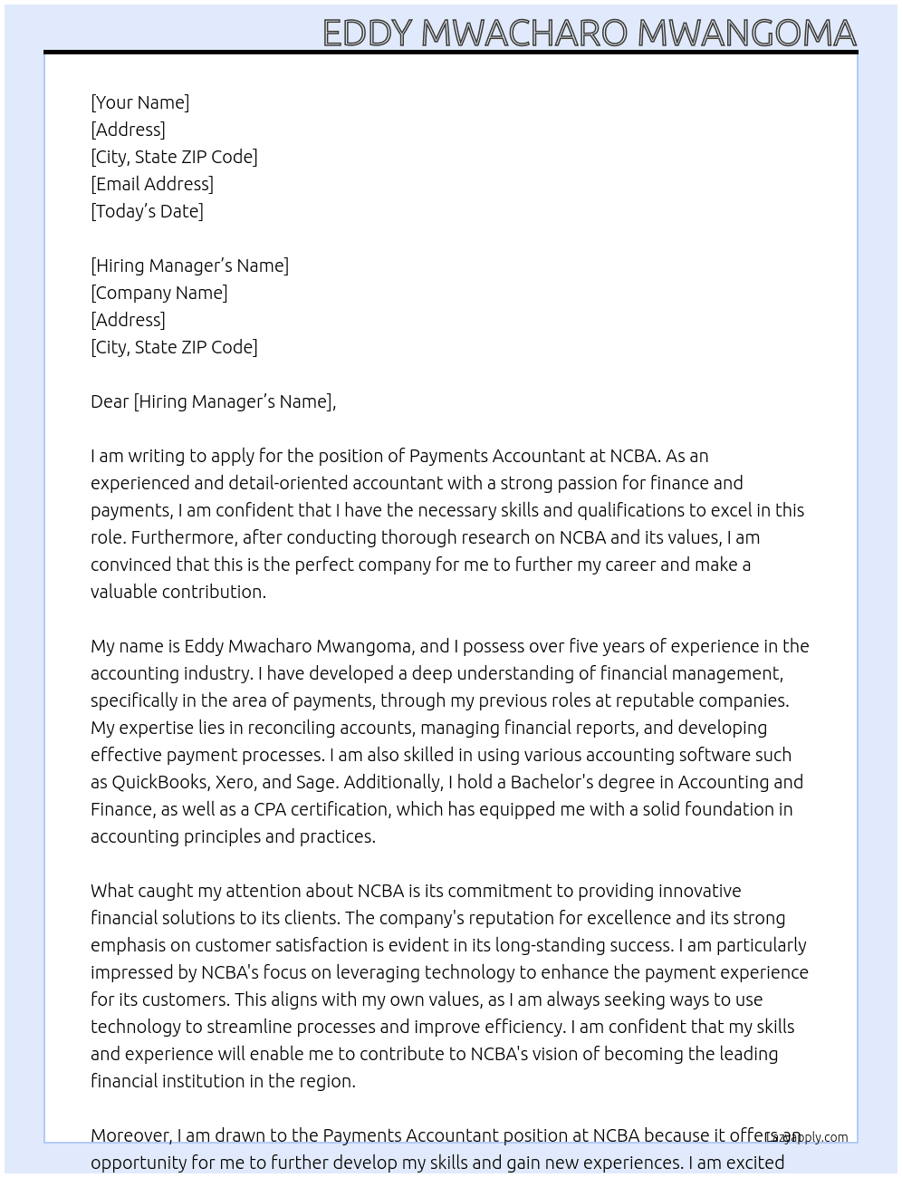 Payments Accountant At NCBA Cover Letter