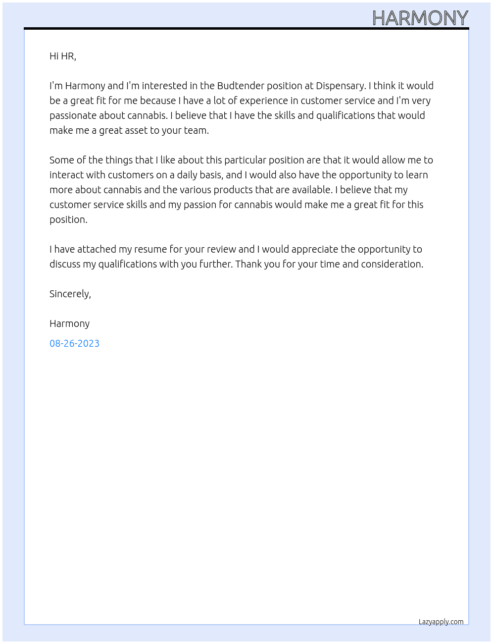 Budtender  At Dispensary  Cover Letter