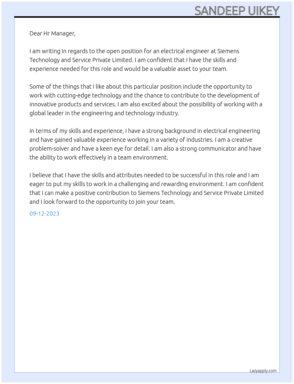 Electrical engineer  At Siemens Technology and service private limited  Cover Letter