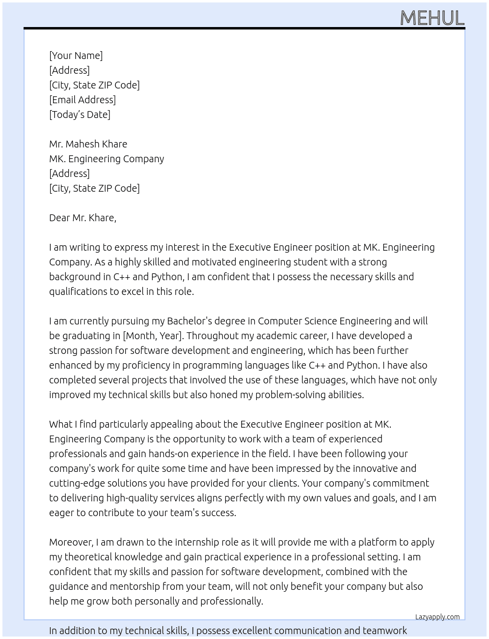 Executive engineer  At MK. Engineering Company  Cover Letter