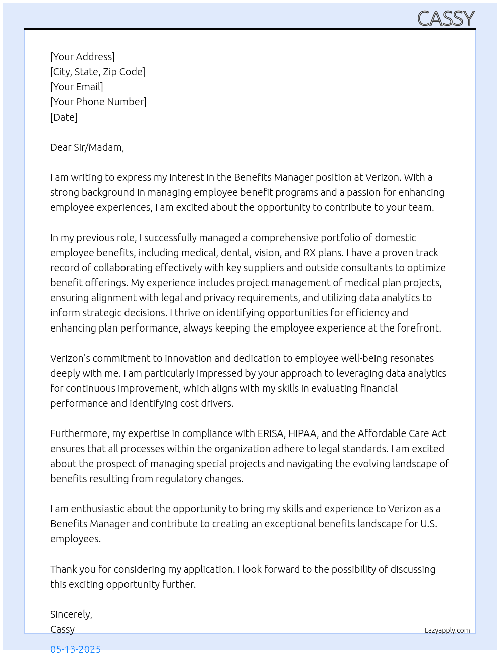 Benefits Manager At Verizon Cover Letter