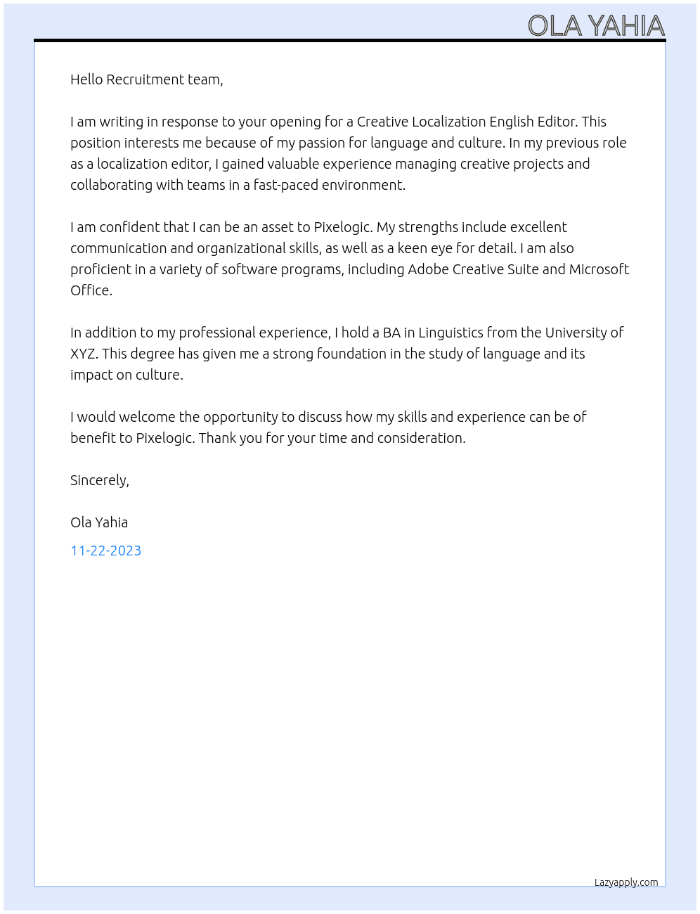 Creative Localization English Editor At Pixelogic Cover Letter