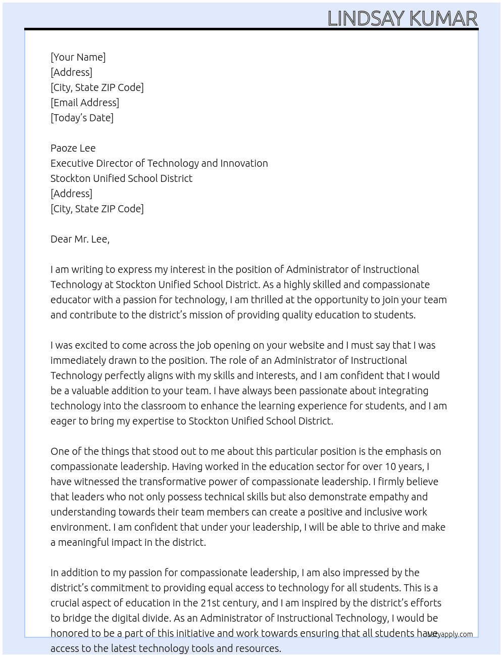 administrator of instructional technology At Stockton Unified School District  Cover Letter