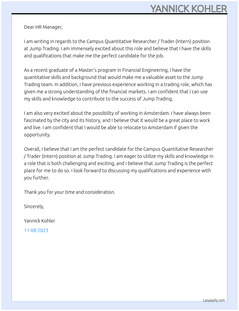 Campus Quantitative Researcher / Trader (Intern) At jump Trading Cover Letter