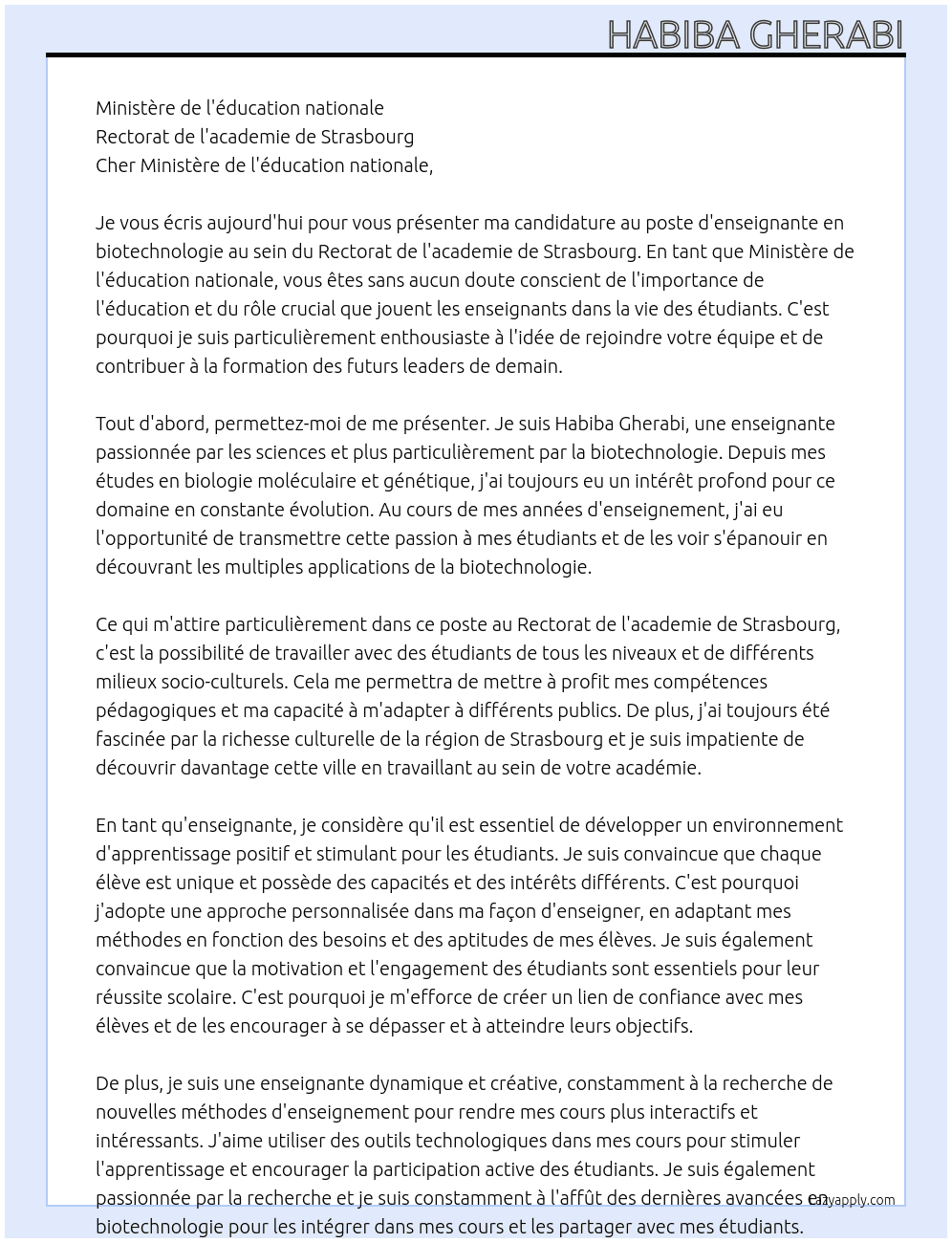 enseignante en biotechnologie  At Rectorat de l'academie de Strasbourg Cover Letter
