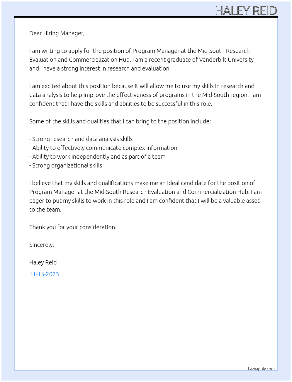 Program Manager, Mid-South Research Evaluation and Commercialization Hub At Vanderbilt University Cover Letter