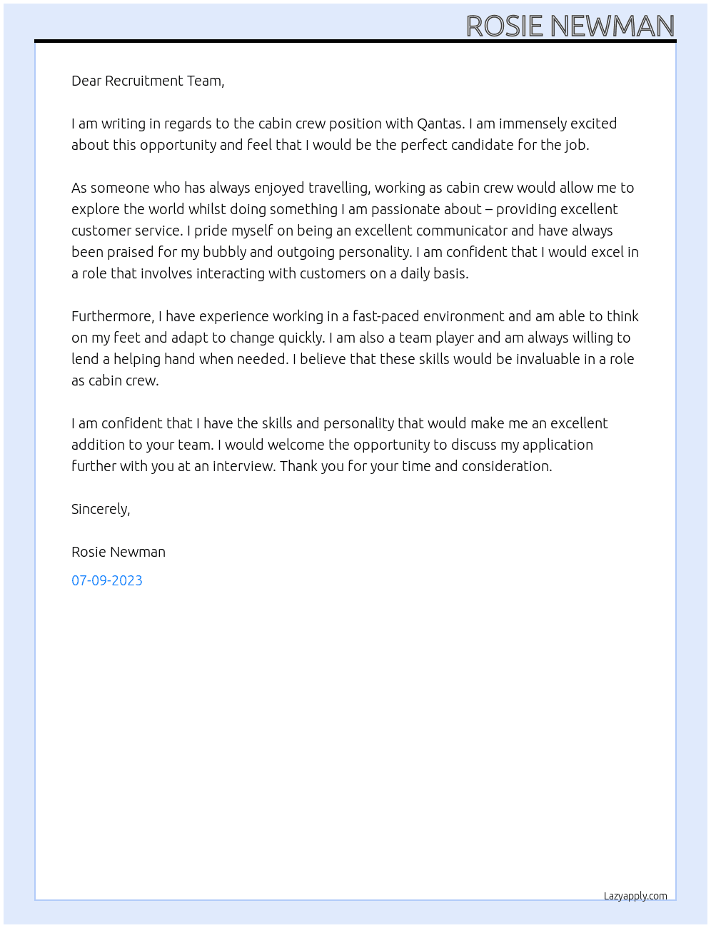 Cabin crew At Qantas Cover Letter