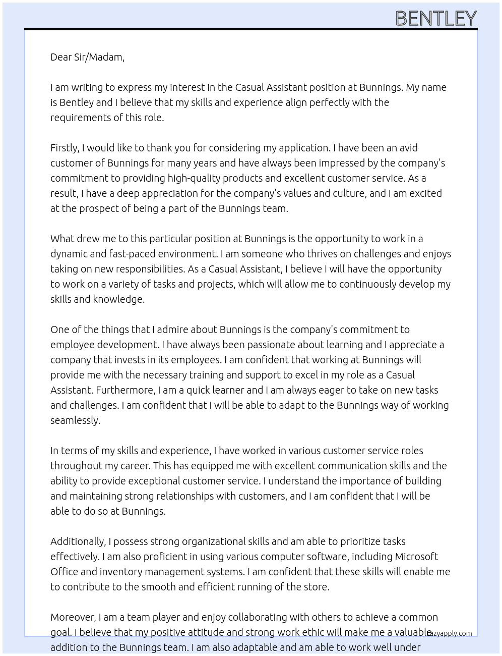 casual assistant At bunnings Cover Letter