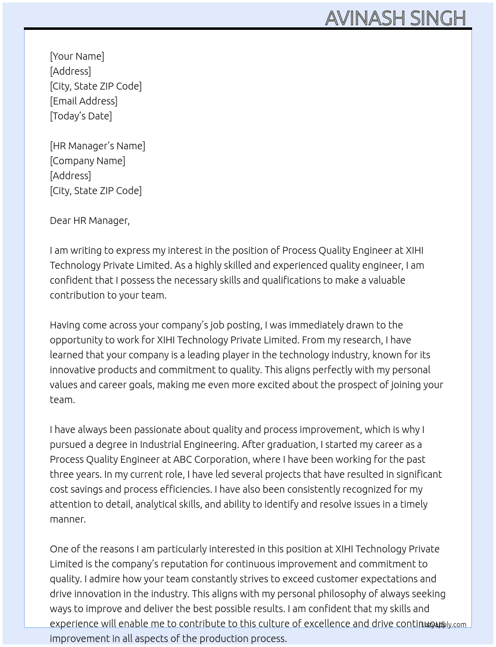 Cover letter for process quality engineer - LazyApply