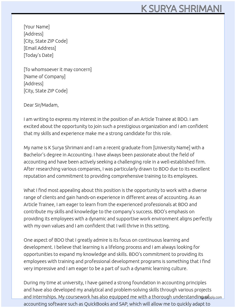 Article trainee At BDO Cover Letter