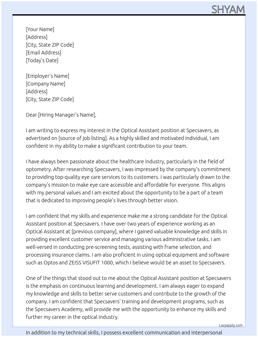 Optical assistant  At Specsaver Cover Letter
