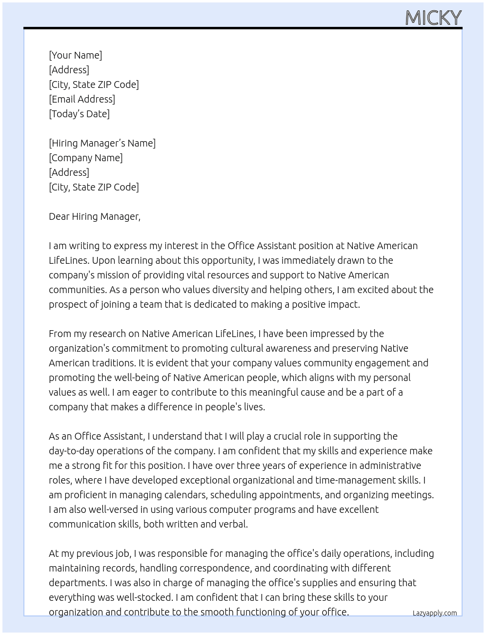 Office Assistant At Native American LifeLines Cover Letter