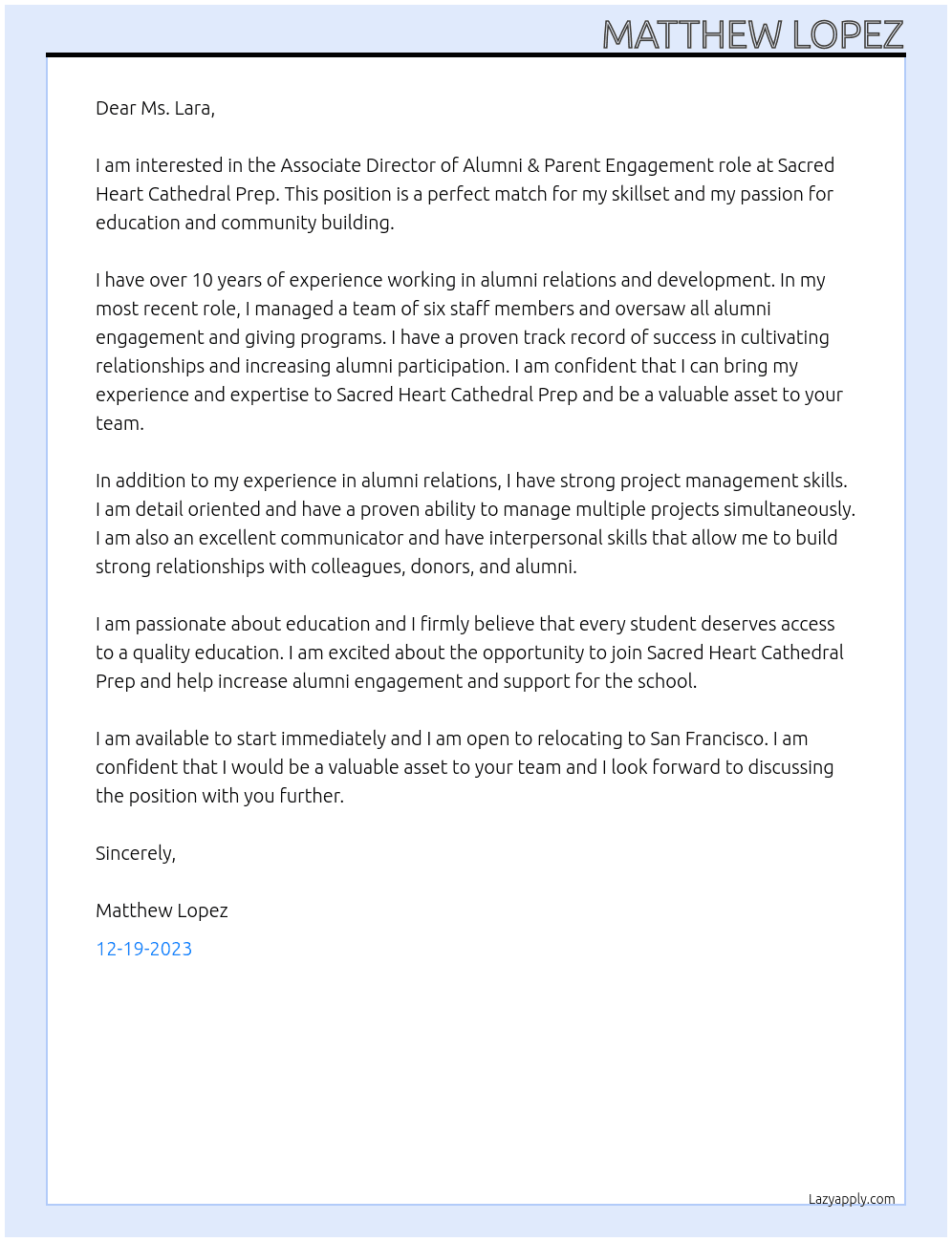 Associate Director of Alumni & Parent Engagemnent At Sacred Heart Cathedral Prep Cover Letter