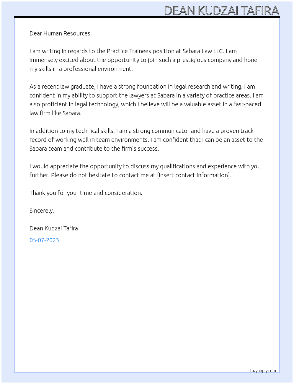 Practice Trainees At Sabara Law LLC Cover Letter