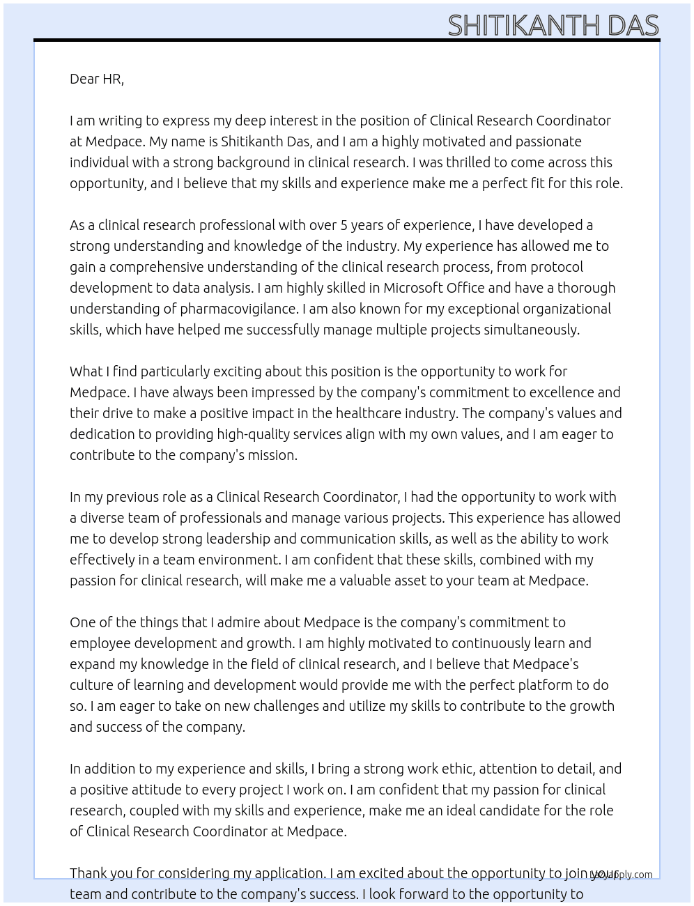 Clinical Research Coordinator  At Medpace  Cover Letter