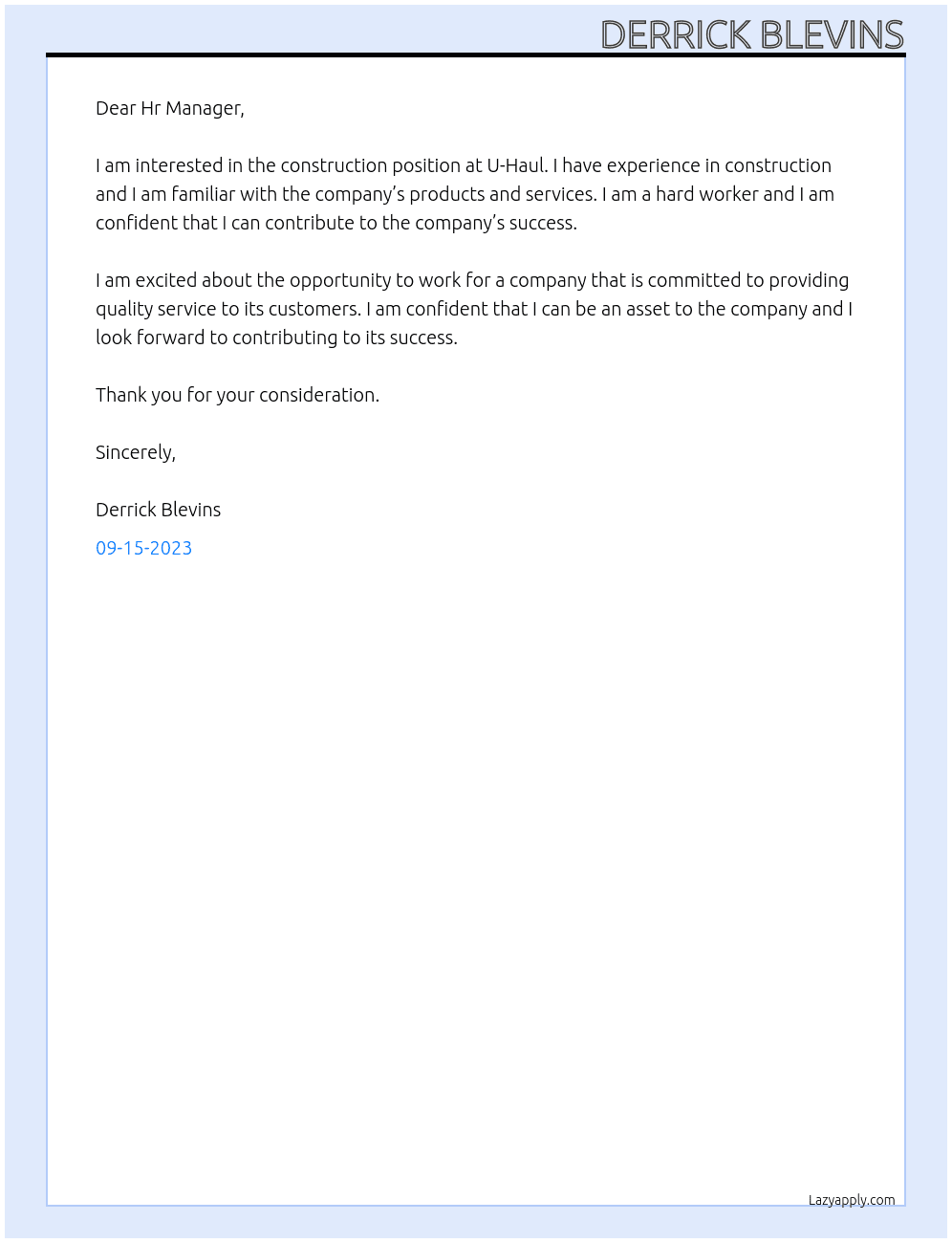 Construction At U-Haul Cover Letter