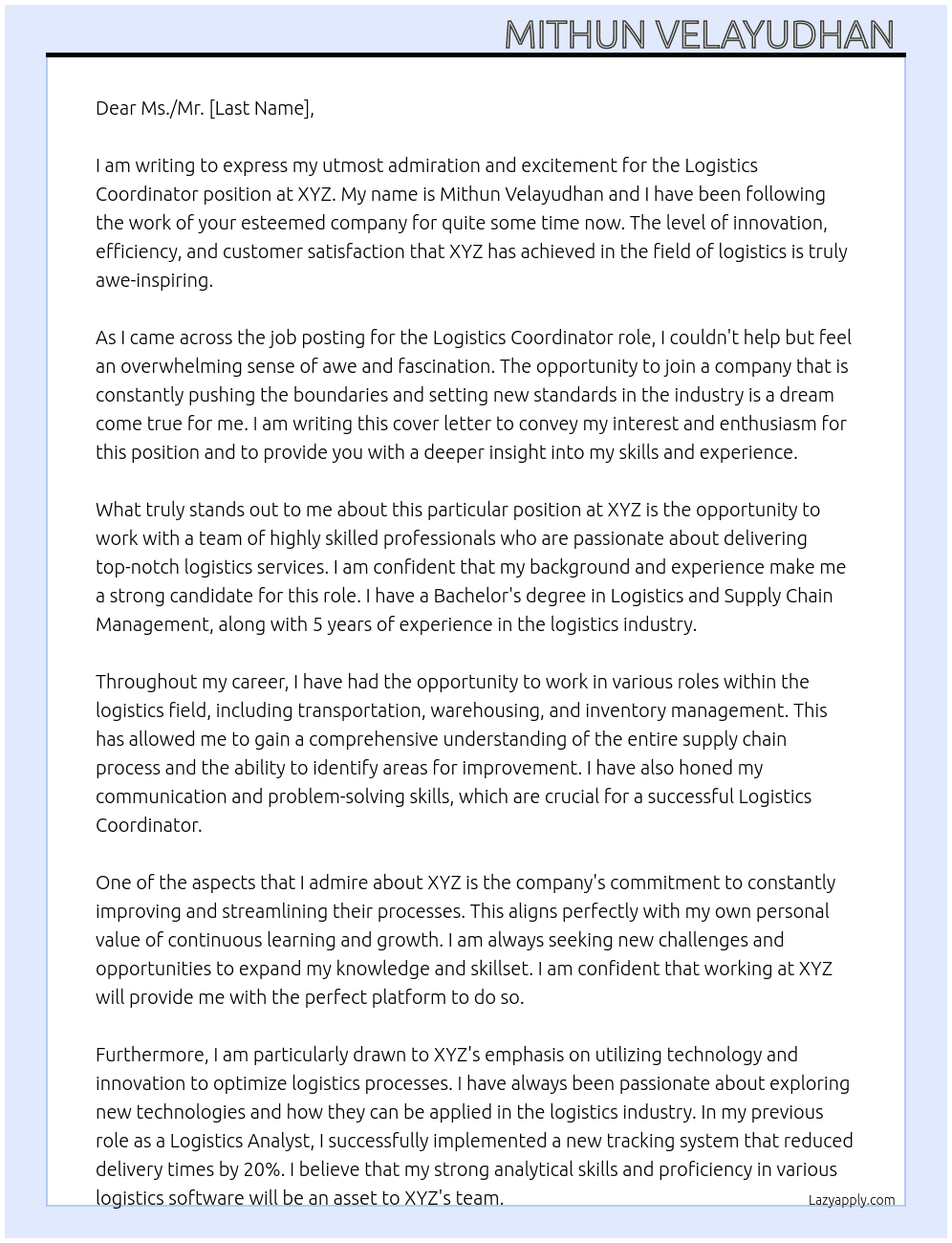 Logistics Coordinator  At XYZ Cover Letter