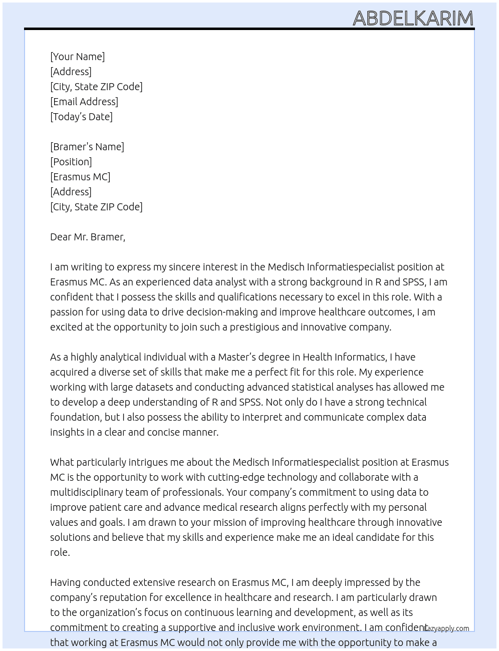 Medisch Informatiespecialist At Erasmus MC Cover Letter