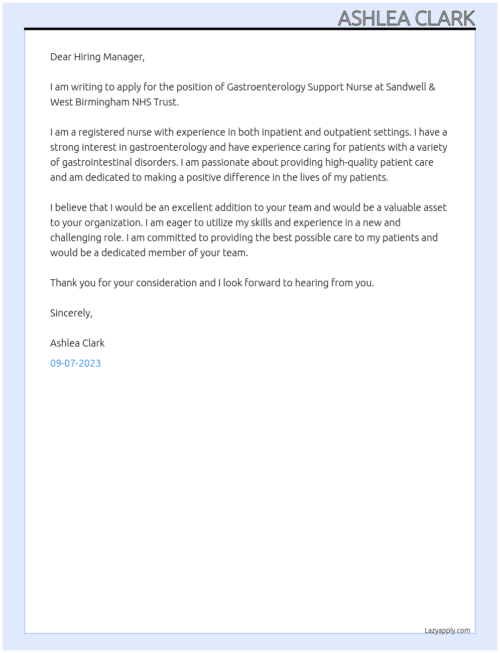 Gastroenterology Support Nurse At Sandwell & West Birmingham NHS Trust  Cover Letter