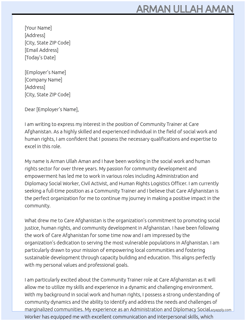 Community traine At Care Afghanistan  Cover Letter