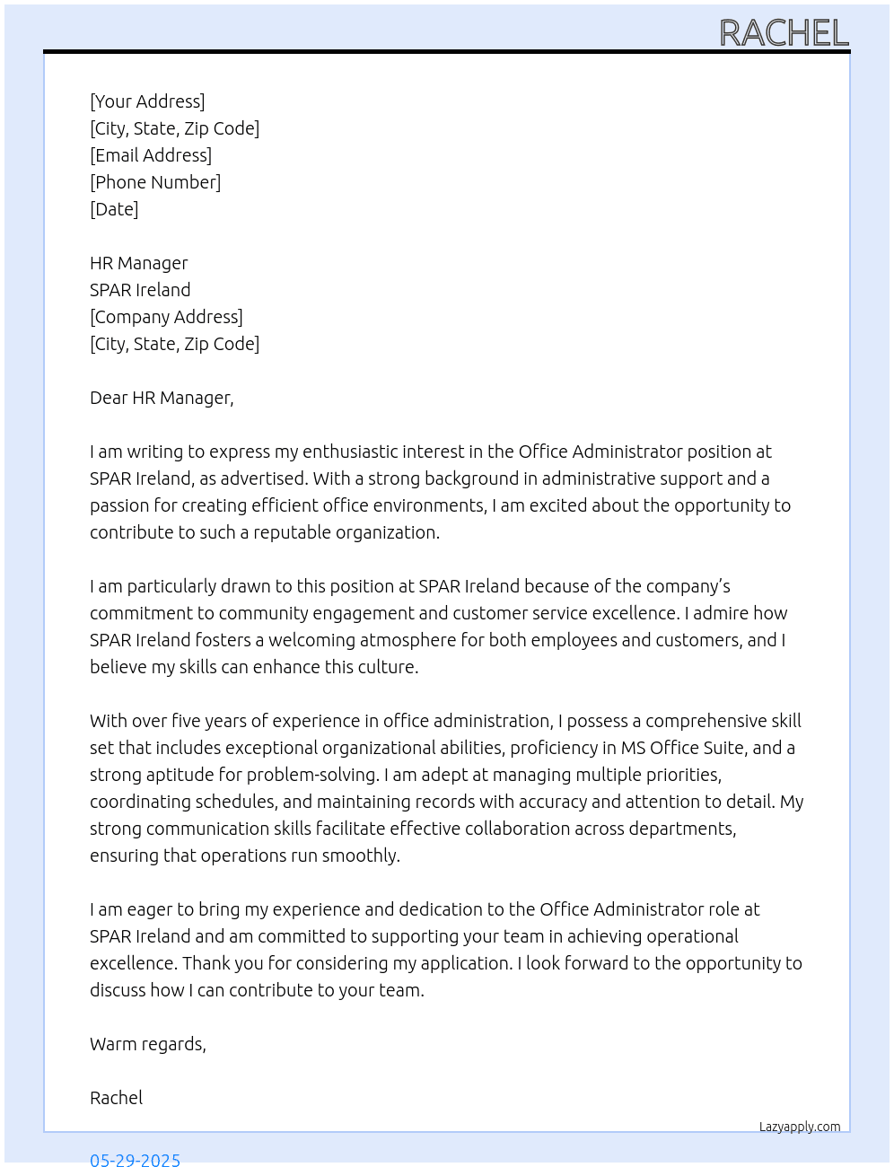 Office Administrator At  SPAR Ireland Cover Letter