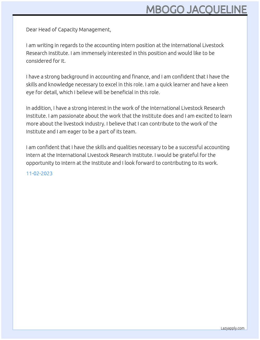 accounting intern At international livestock research institute Cover Letter
