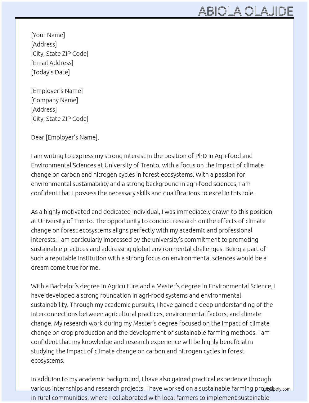 PhD in in Agri-food and Environmental Sciences:Impact of climate change on carbon and nitrogen cycles in forest ecosystems At University of trento Cover Letter