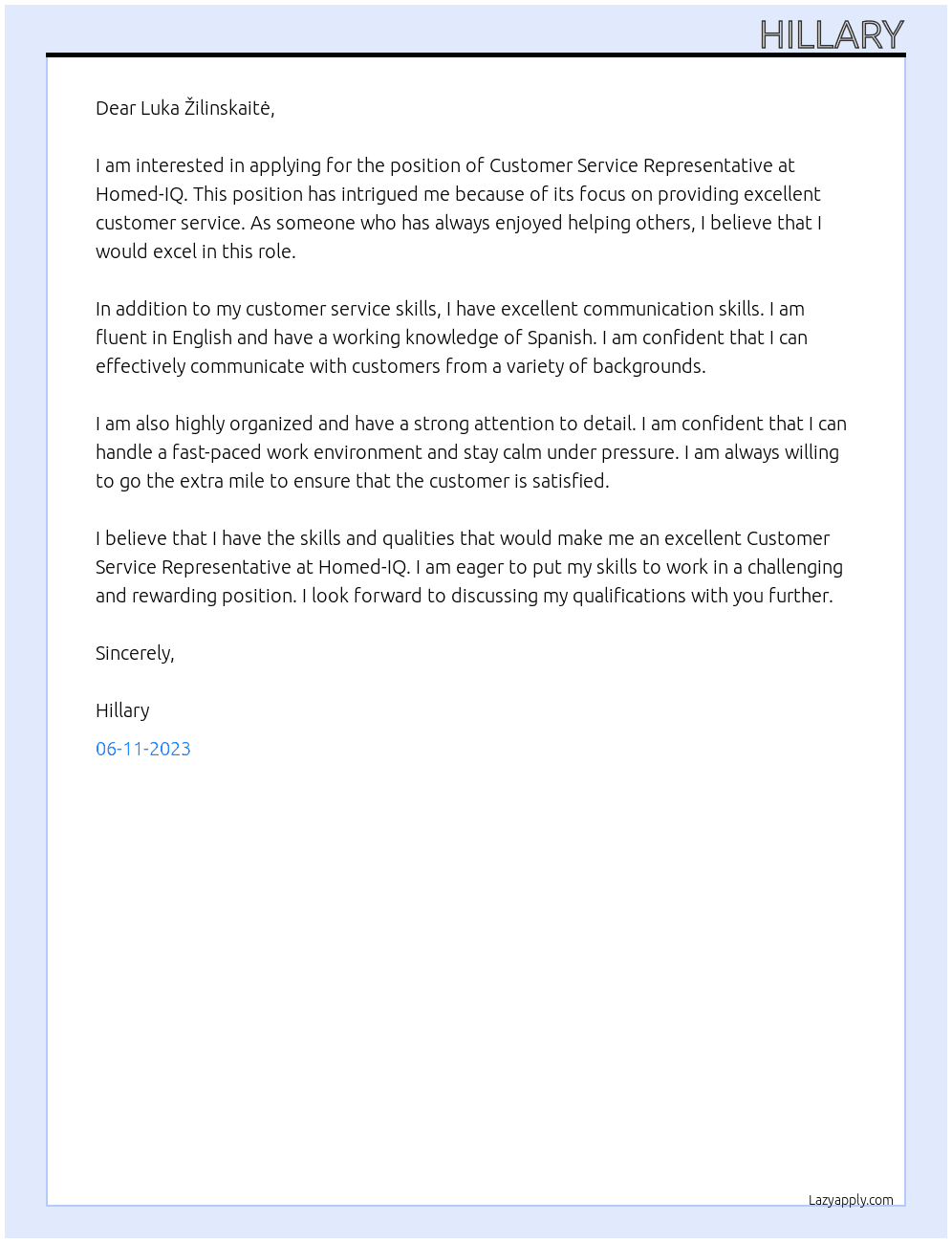 Customer Service Representative At Homed-IQ Cover Letter