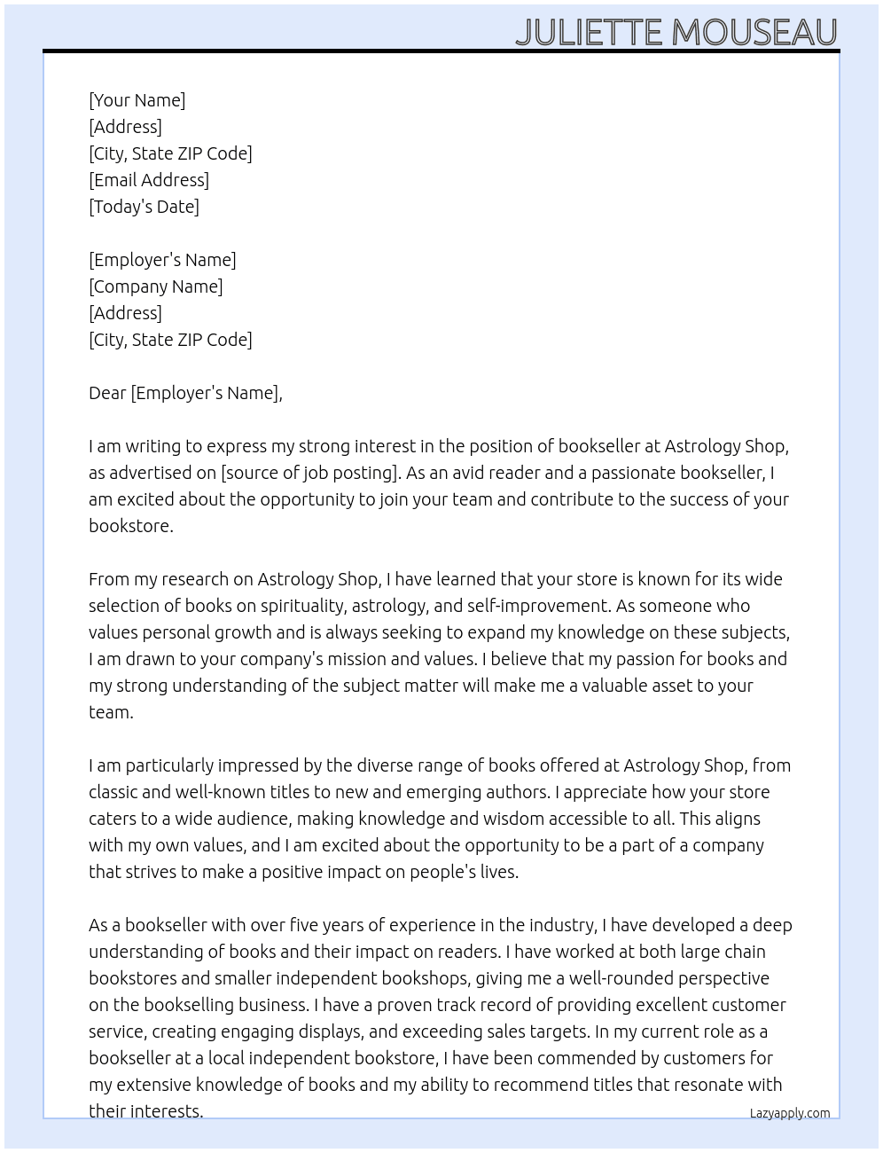 bookseller  At Astrology Shop Cover Letter
