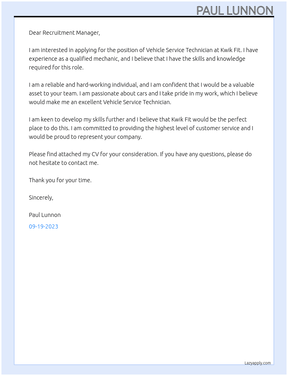 Vehicle Service Technician At Kwik Fit Cover Letter