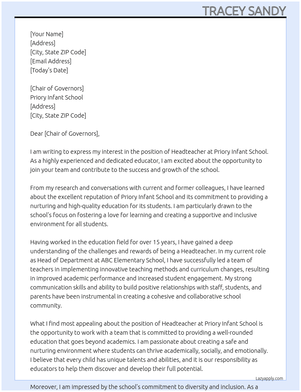 Headteacher At Priory Infant SChool Cover Letter