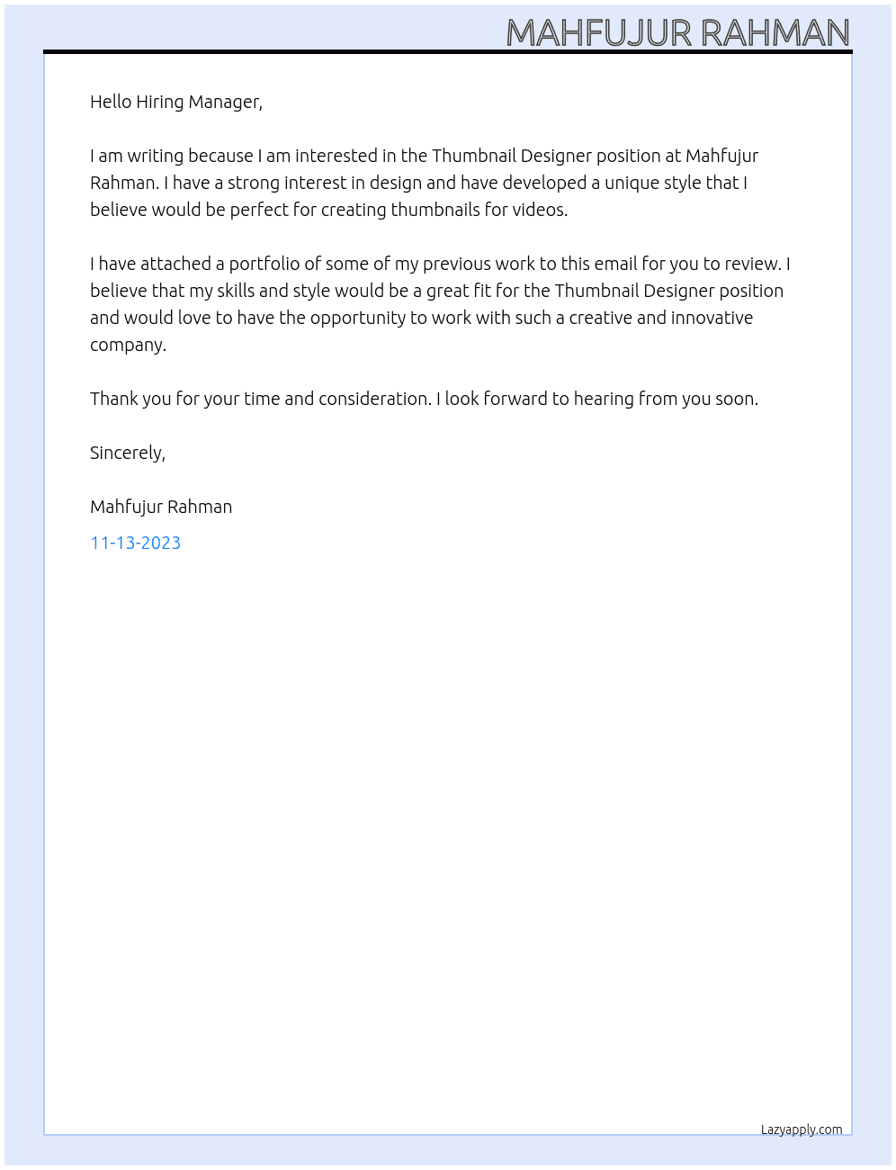 Thumbnail Designer At Mahfujur Rahman Cover Letter