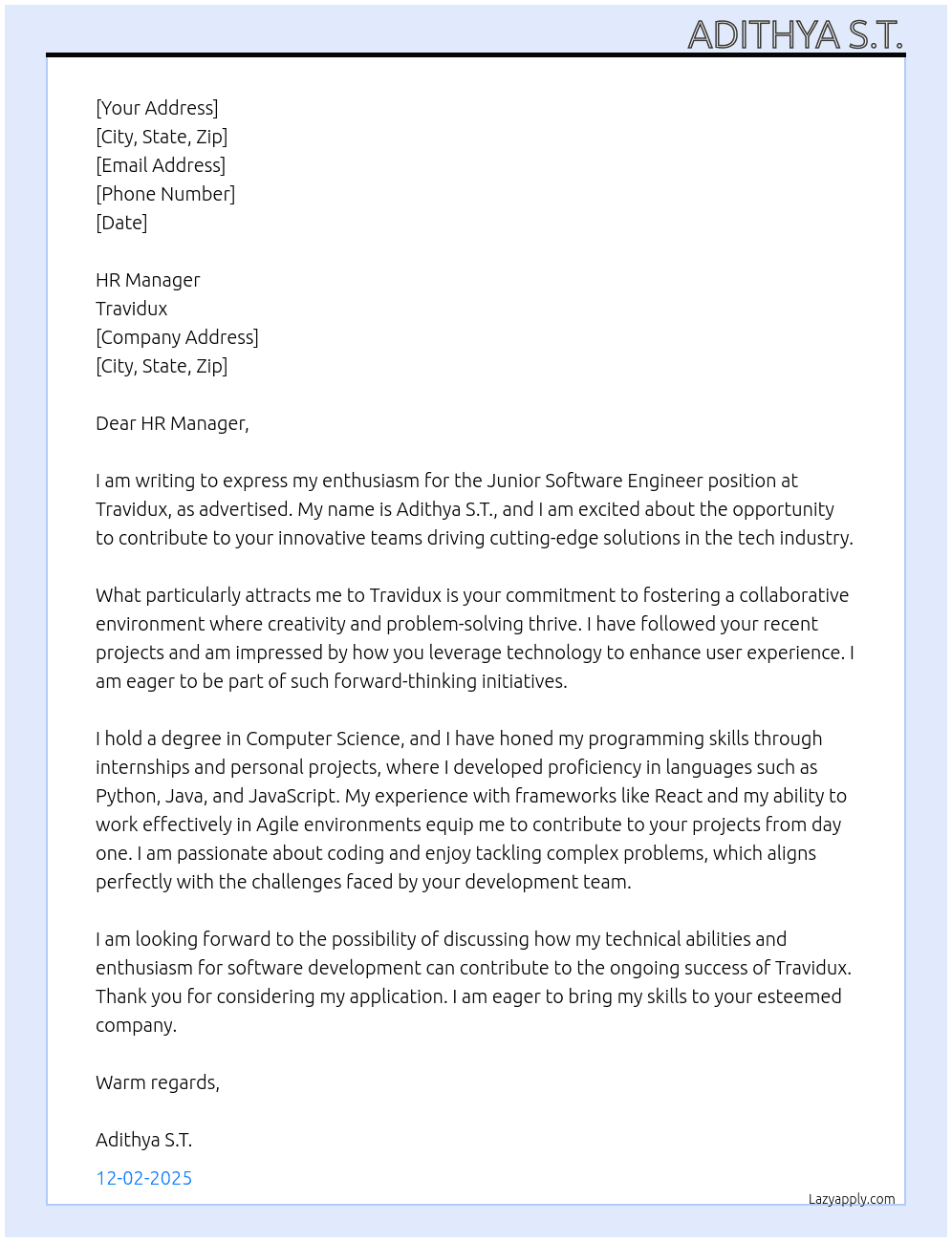 Junior Software Engineer  At Travidux Cover Letter