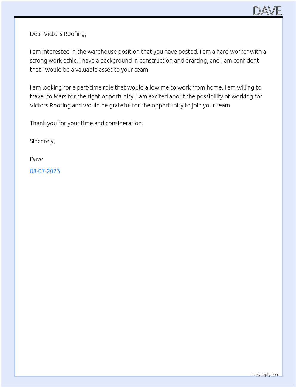 Warehouse At Victors Roofing Cover Letter