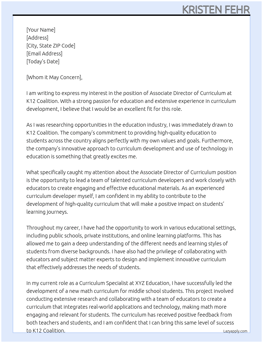 Associate Director of Curriculum At K12 Coalition Cover Letter