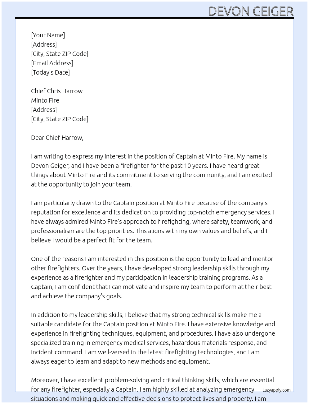 captain At Minto fire Cover Letter