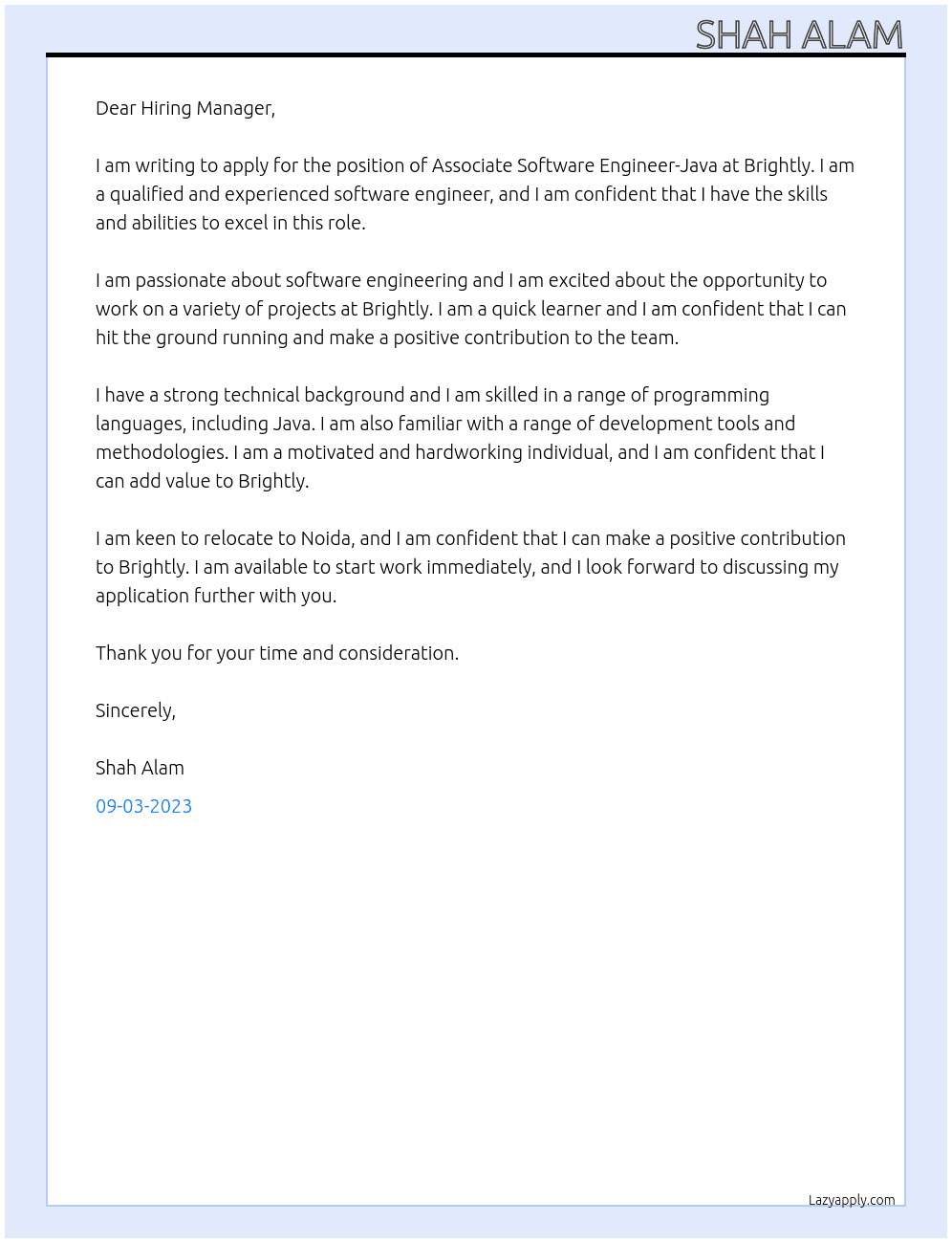 Associate Software Engineer-Java At Brightly Cover Letter