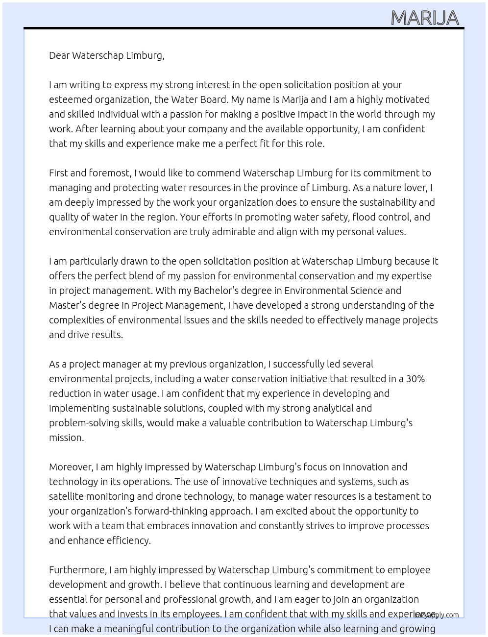 open solicitation At water board Cover Letter