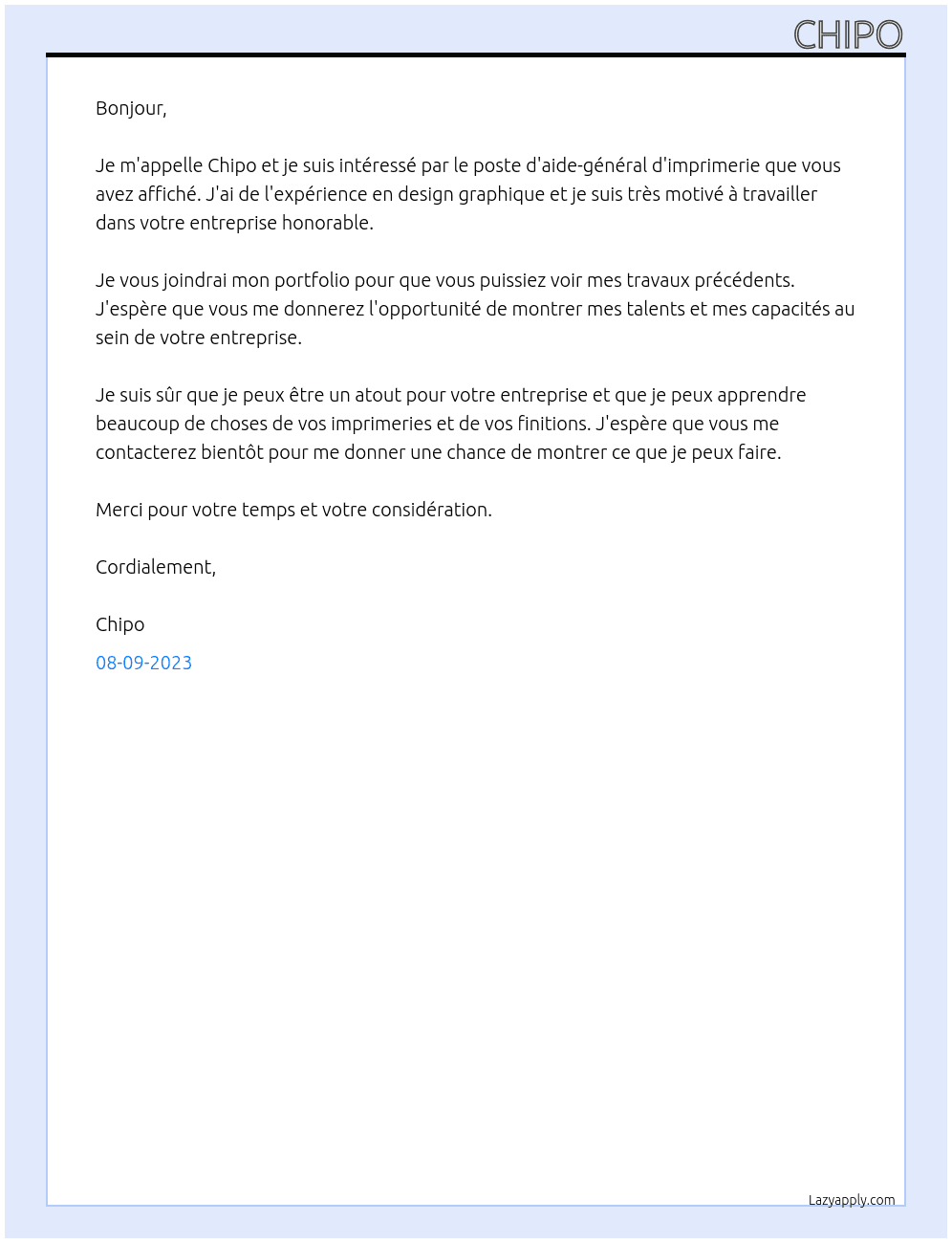 Aide-général d'imprimerie At imprime-emploi Cover Letter