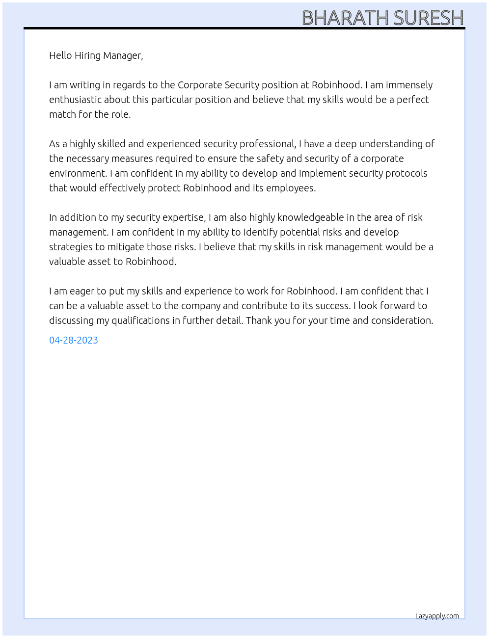 Corporate Security At Robinhood Cover Letter