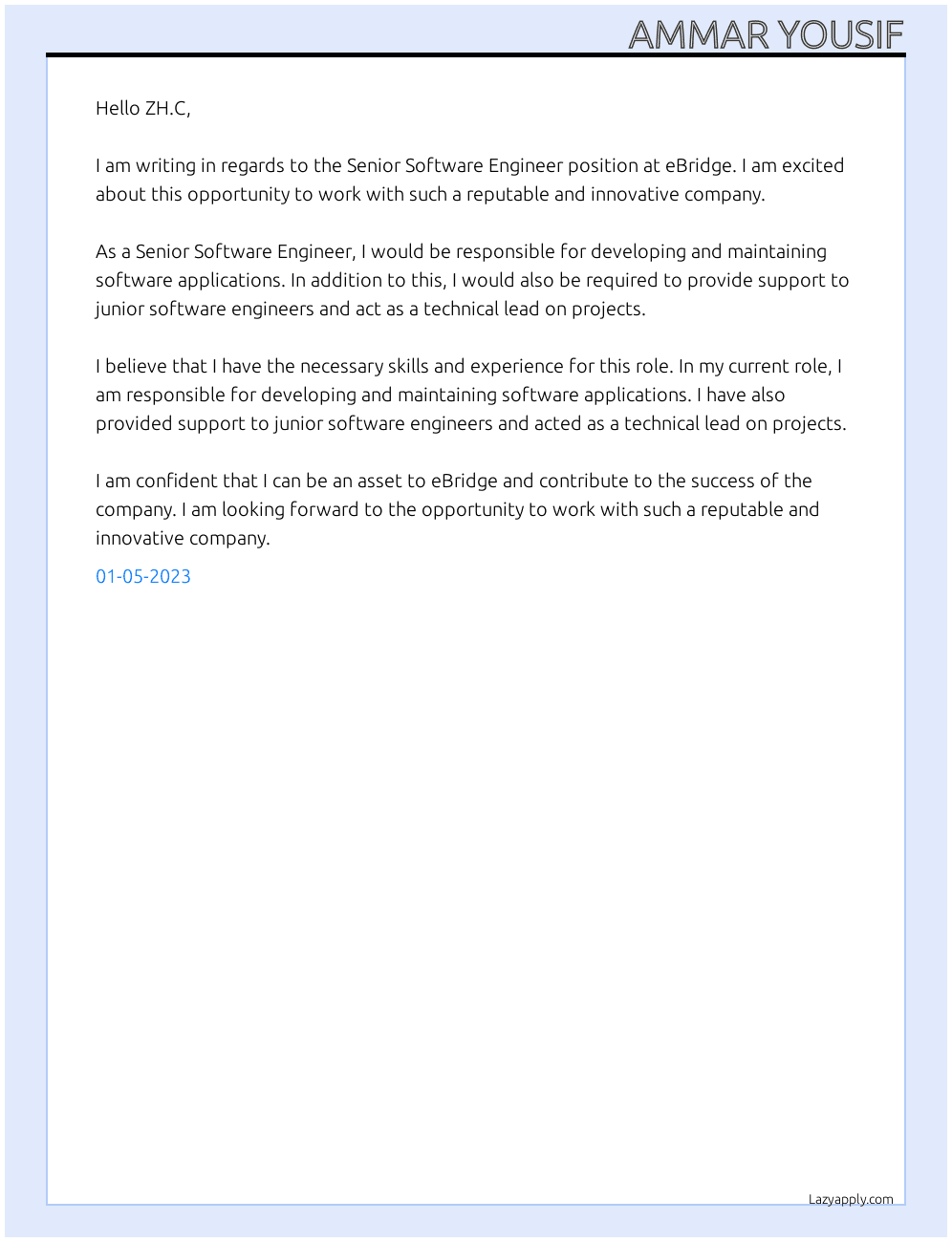 Senior Software Engineer  At eBridge Cover Letter