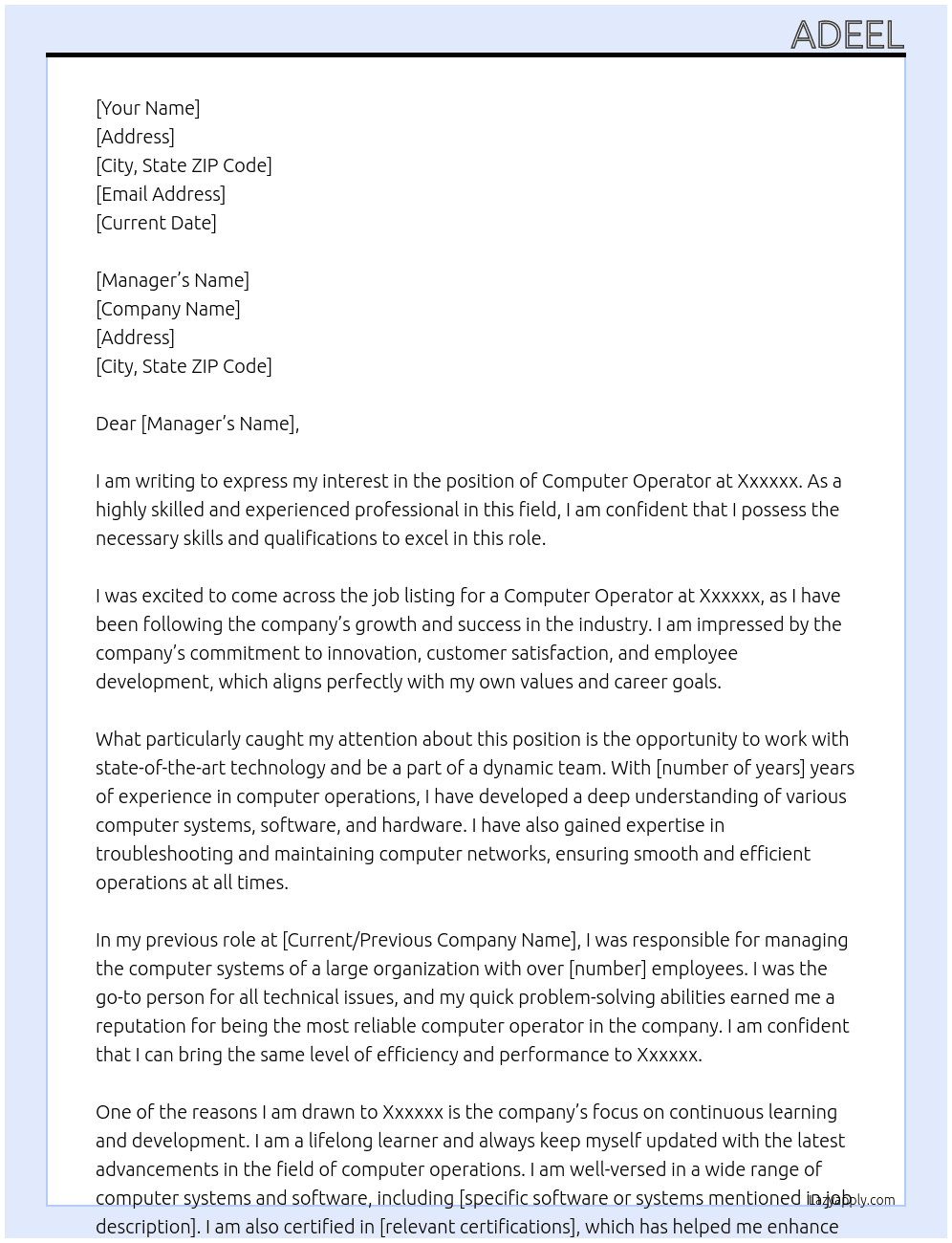 Computer operator At Xxxxxx Cover Letter
