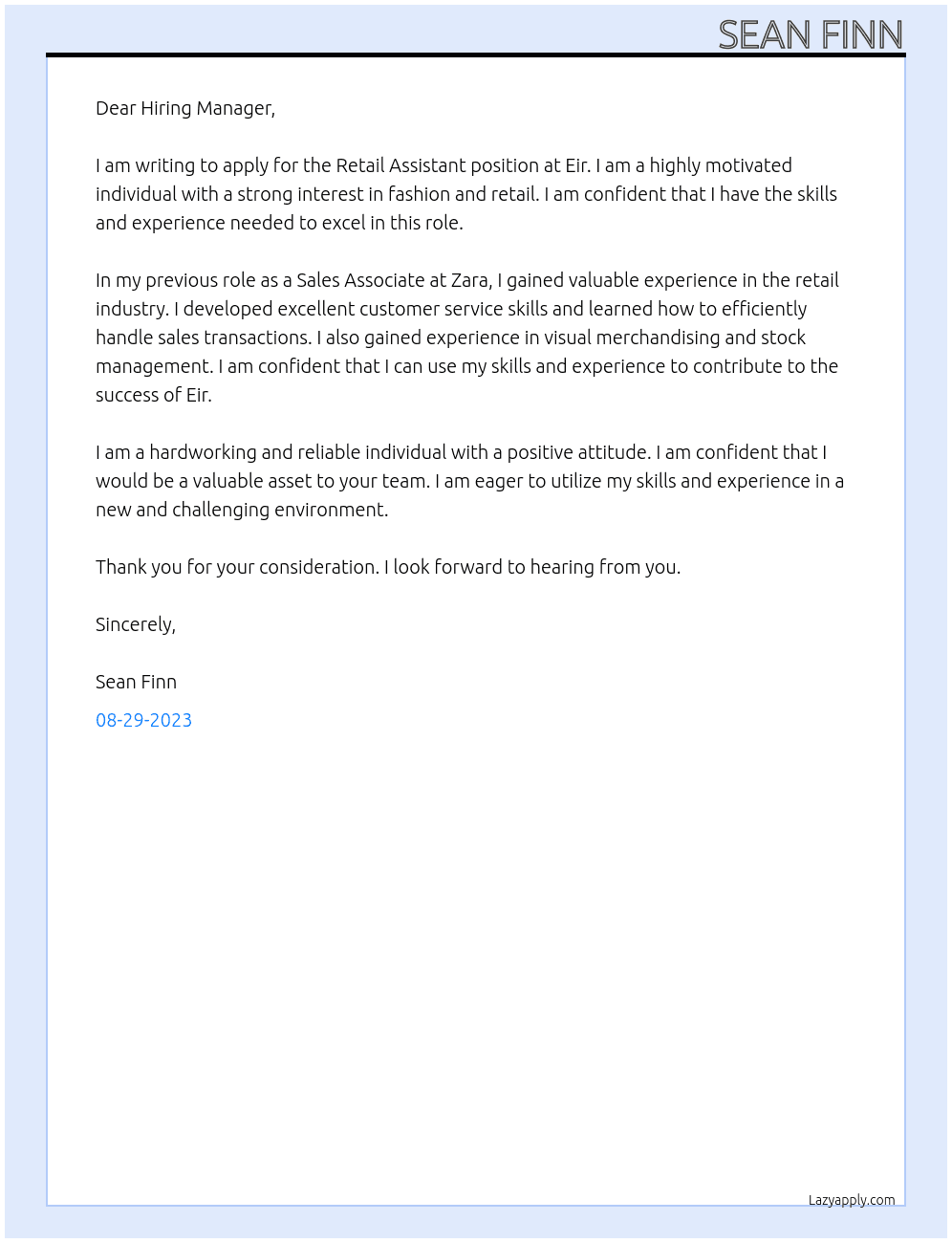 Retail assistant At Eir Cover Letter